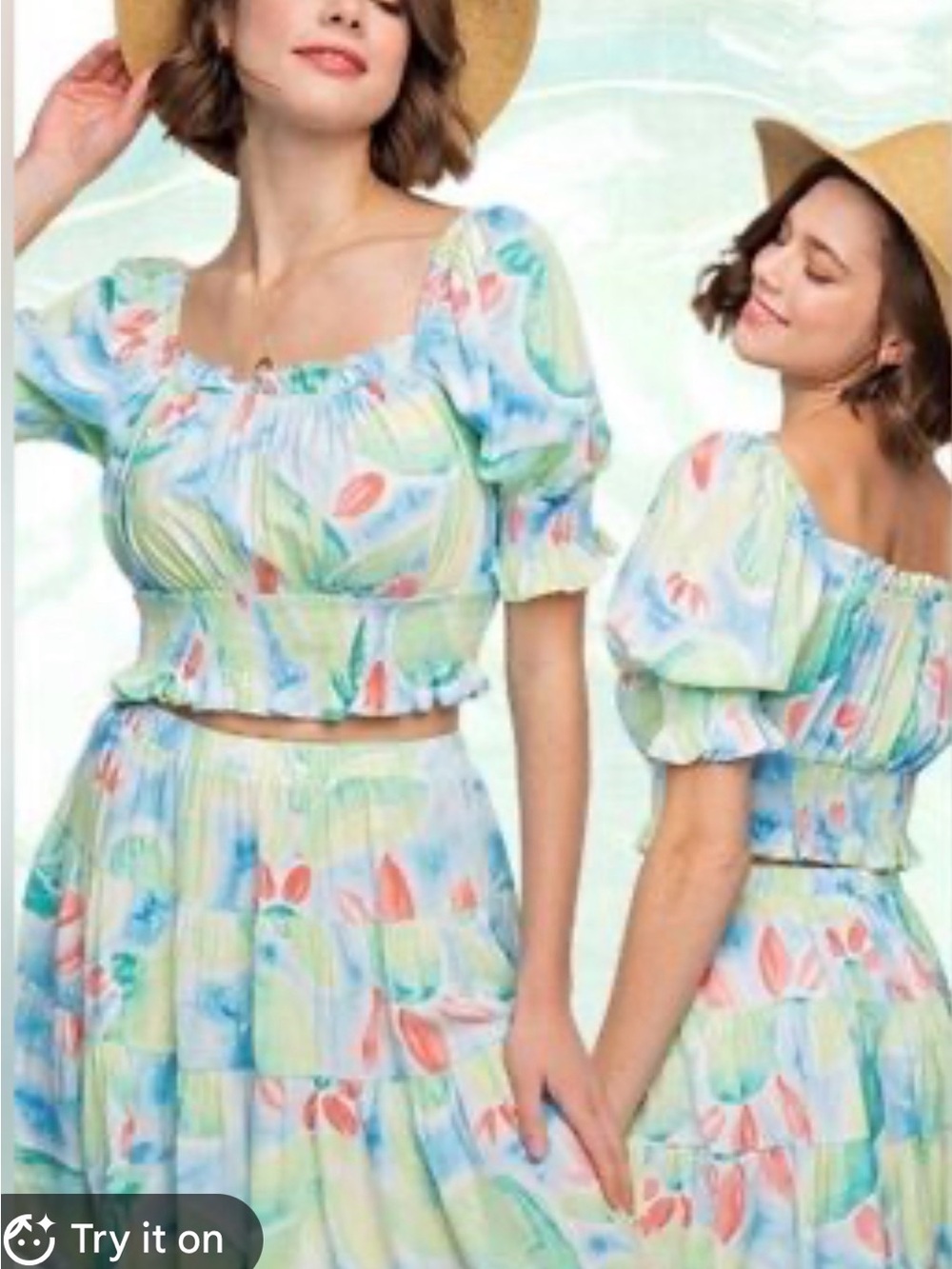 Pastel Floral Puff-Sleeve Crop Top and matching tiered short skirt
